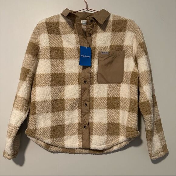 Columbia Women's West Bend Shirt Jacket Shacket Button Sherpa Fleece Plaid M Tan - Picture 3 of 9
